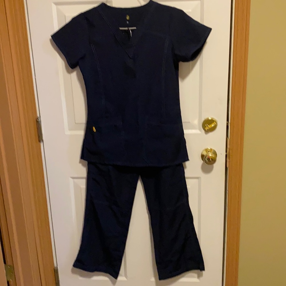Spread Good Cheer navy scrub pants & top